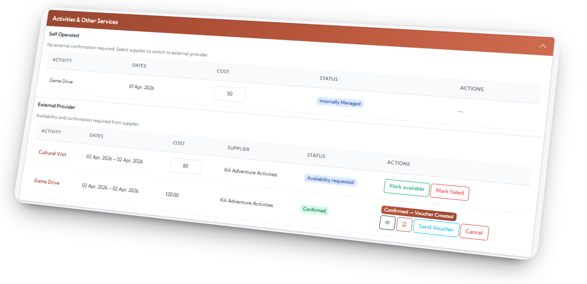 Activity list inside booking with vendor name visible