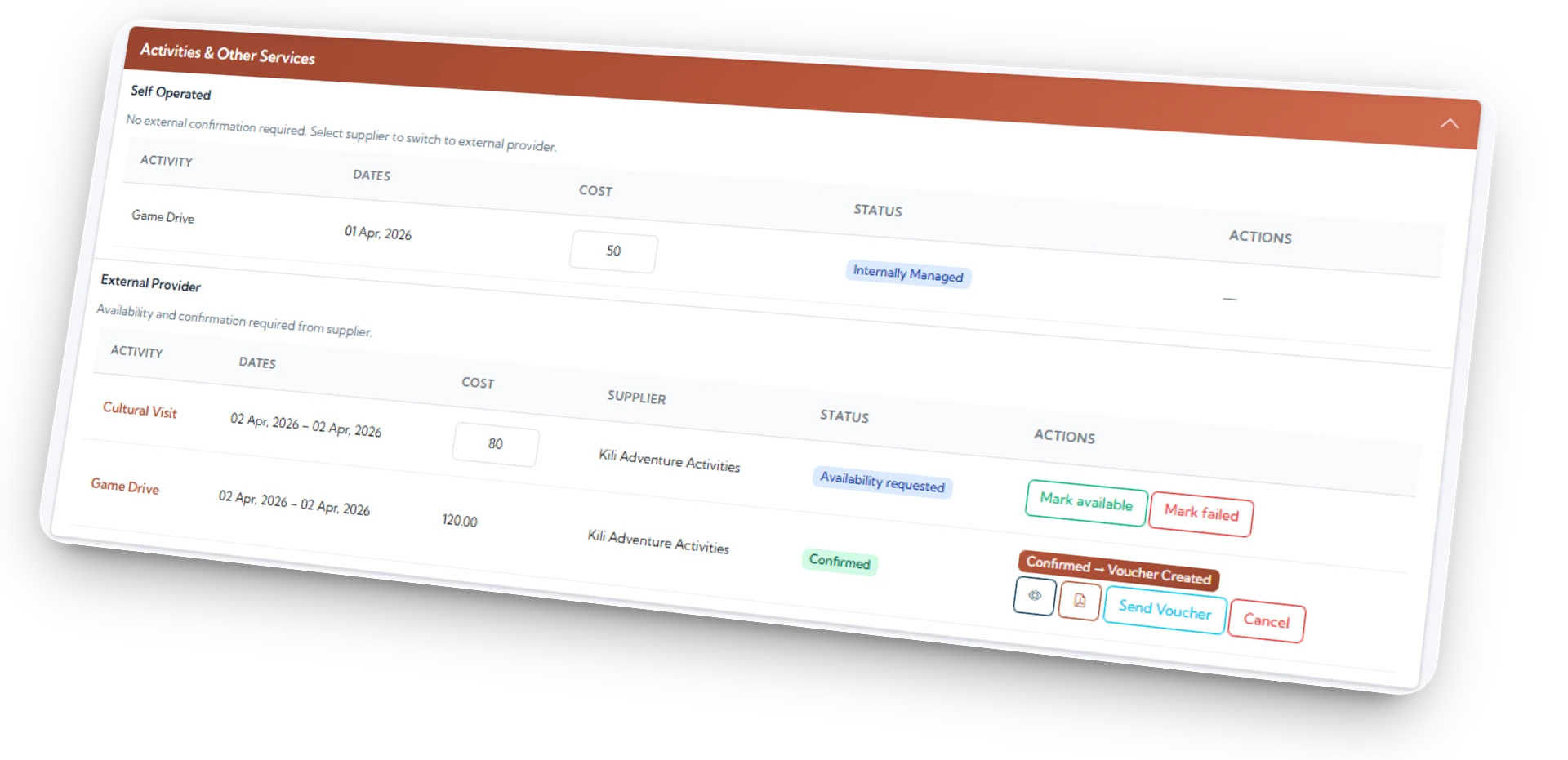Activity list inside booking with vendor name visible
