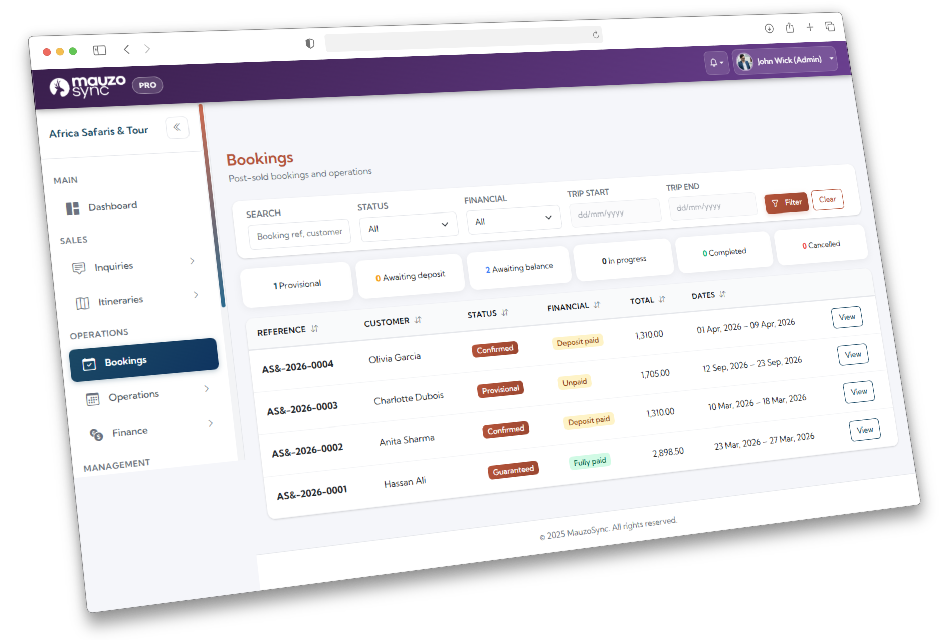 Dashboard showing booking count by stage with status indicators