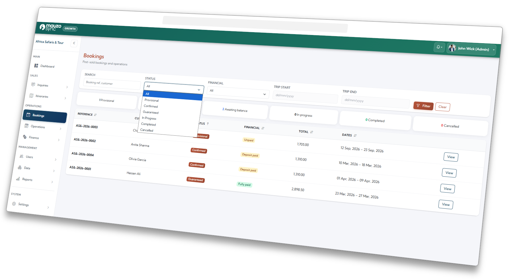 Booking status progression bar showing structured workflow stages