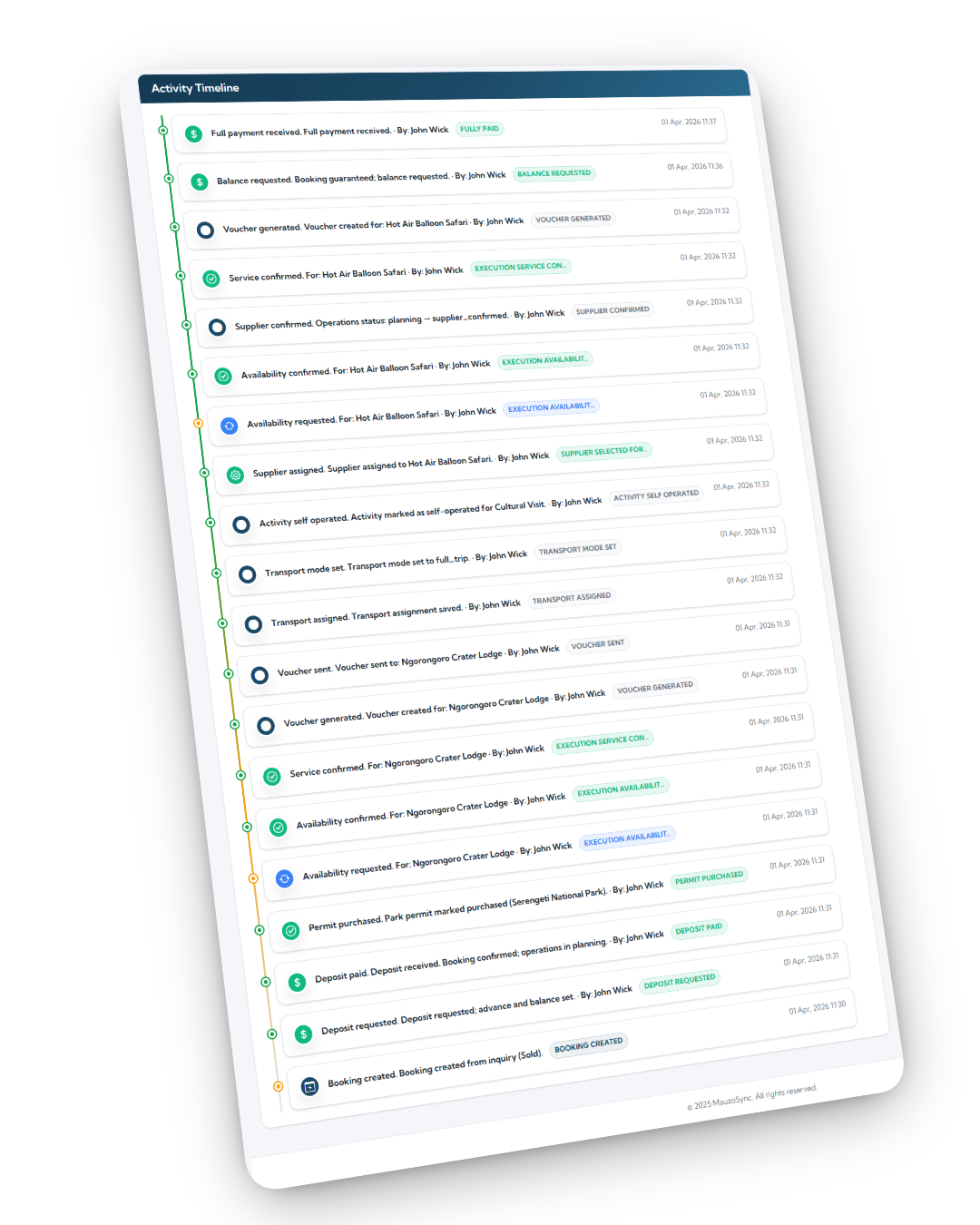 Booking timeline or activity log panel showing chronological history
