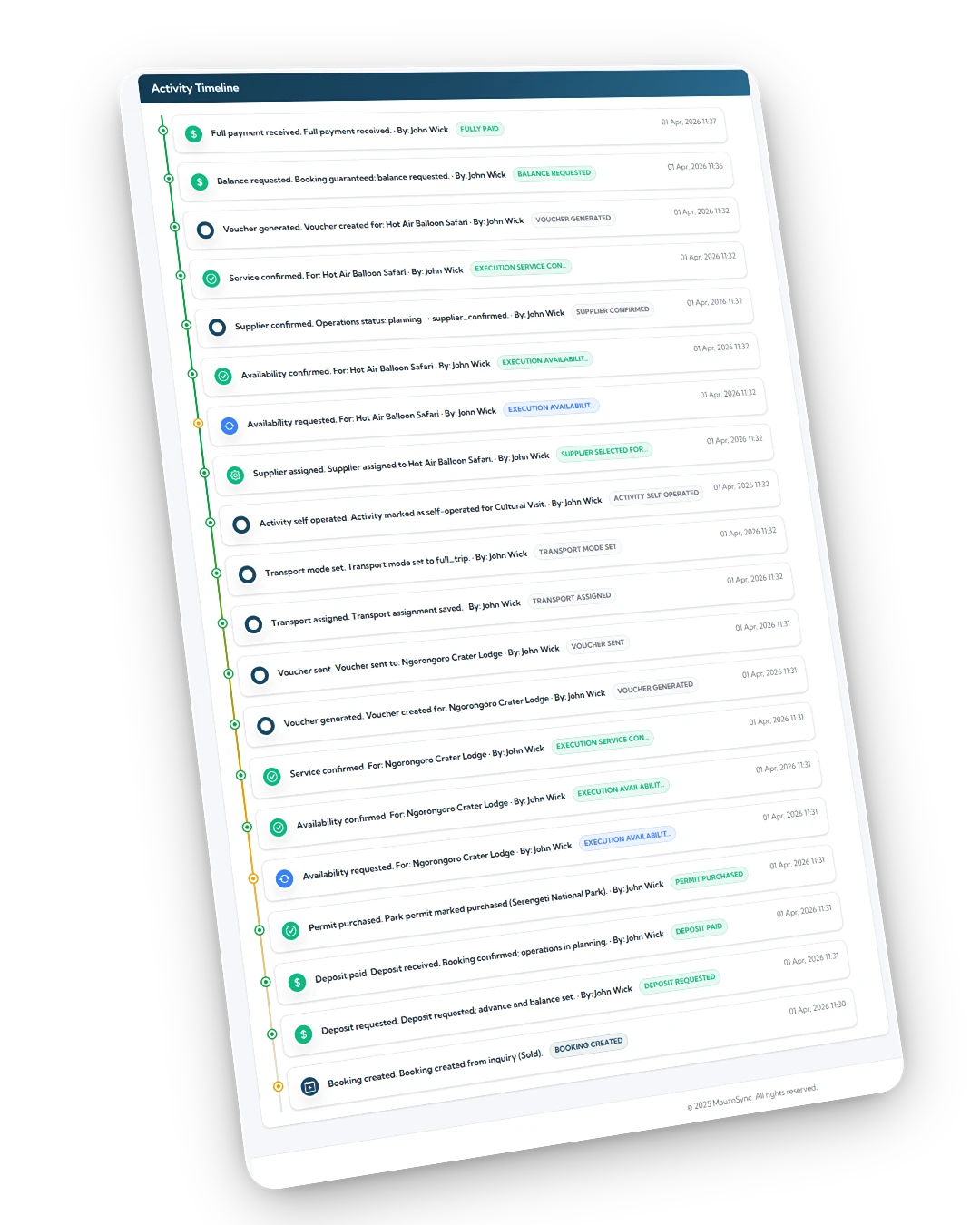 Booking activity timeline panel showing change history and user actions