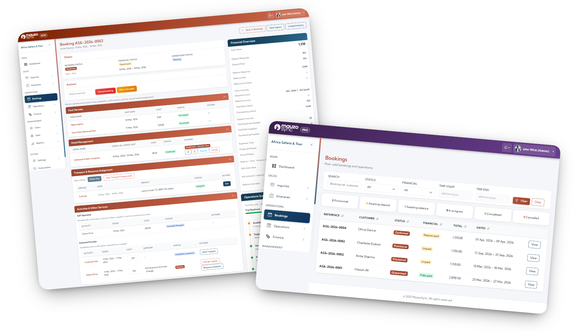 Booking detail page showing multi-axis status indicators