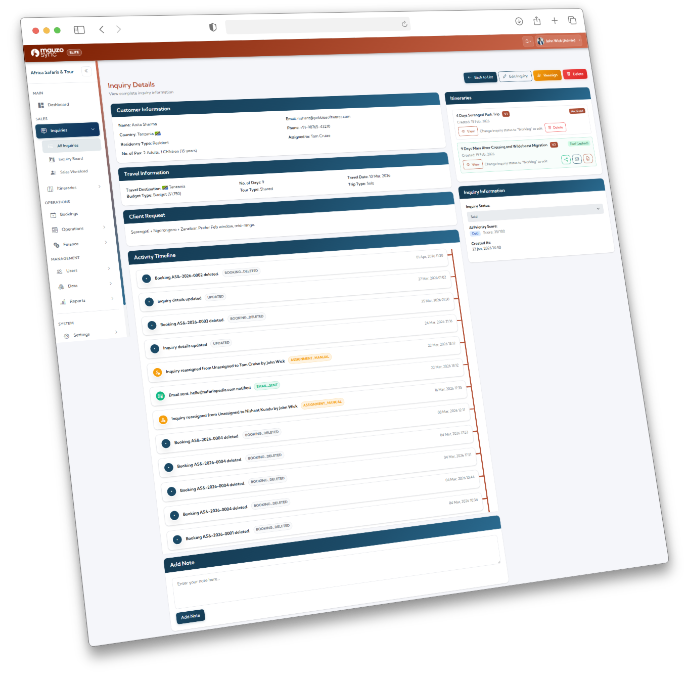 Client profile showing booking history and repeat customer tracking