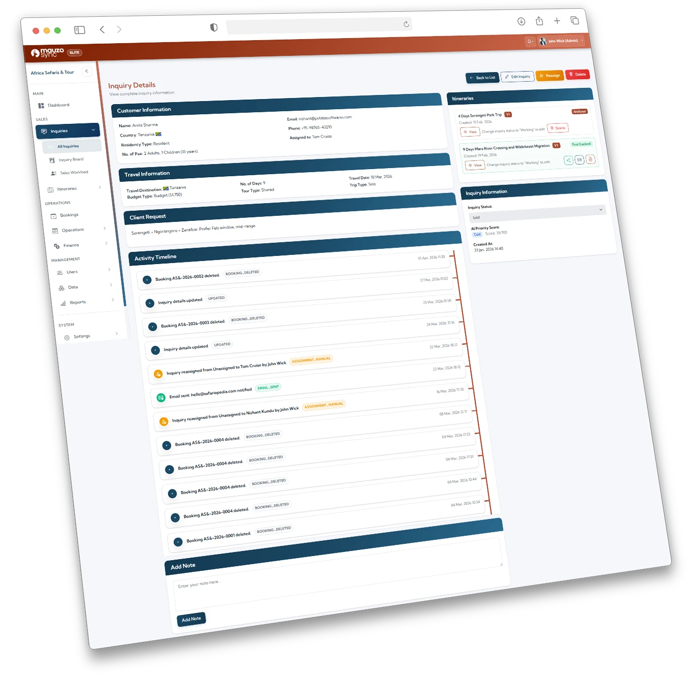 Client profile showing booking history and repeat customer tracking