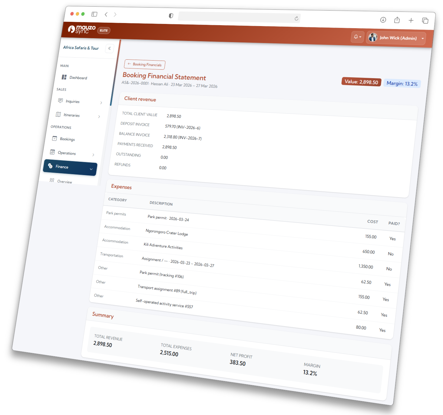 Cost breakdown panel inside booking showing all safari expenses