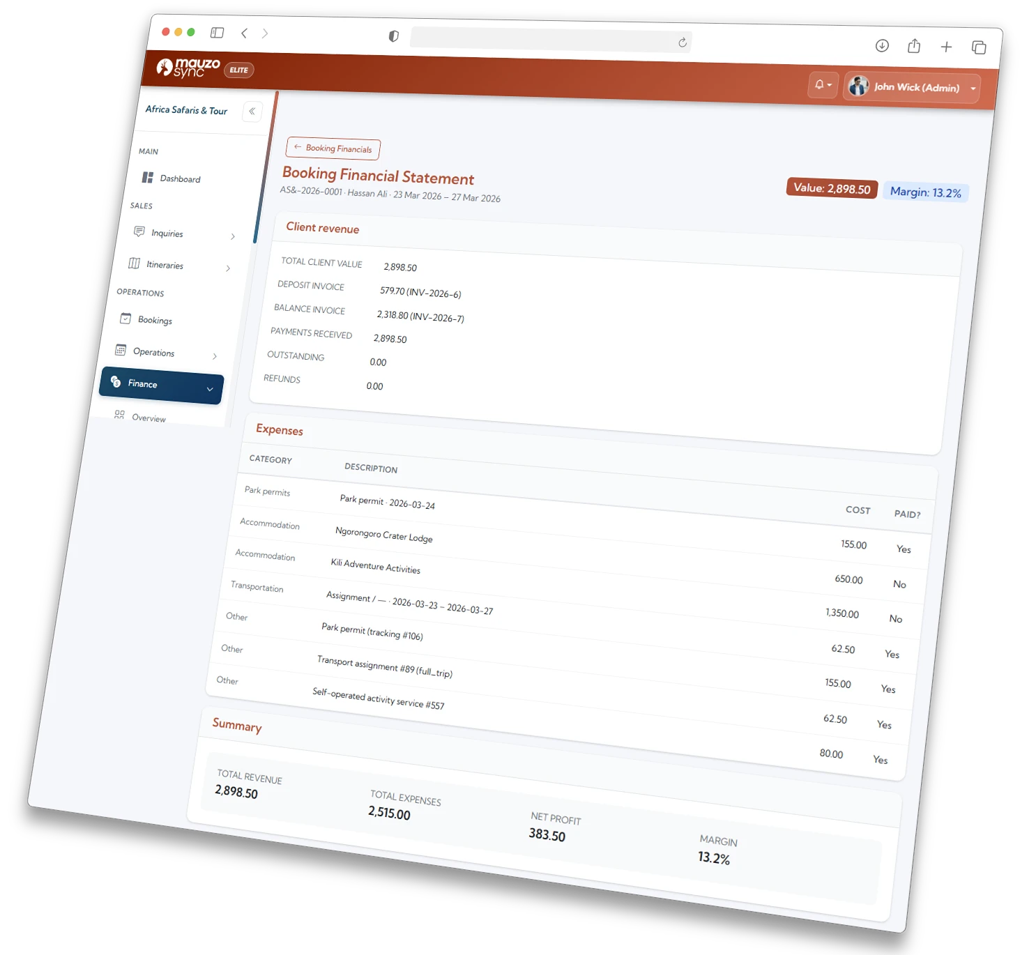 Cost breakdown panel inside booking showing all safari expenses
