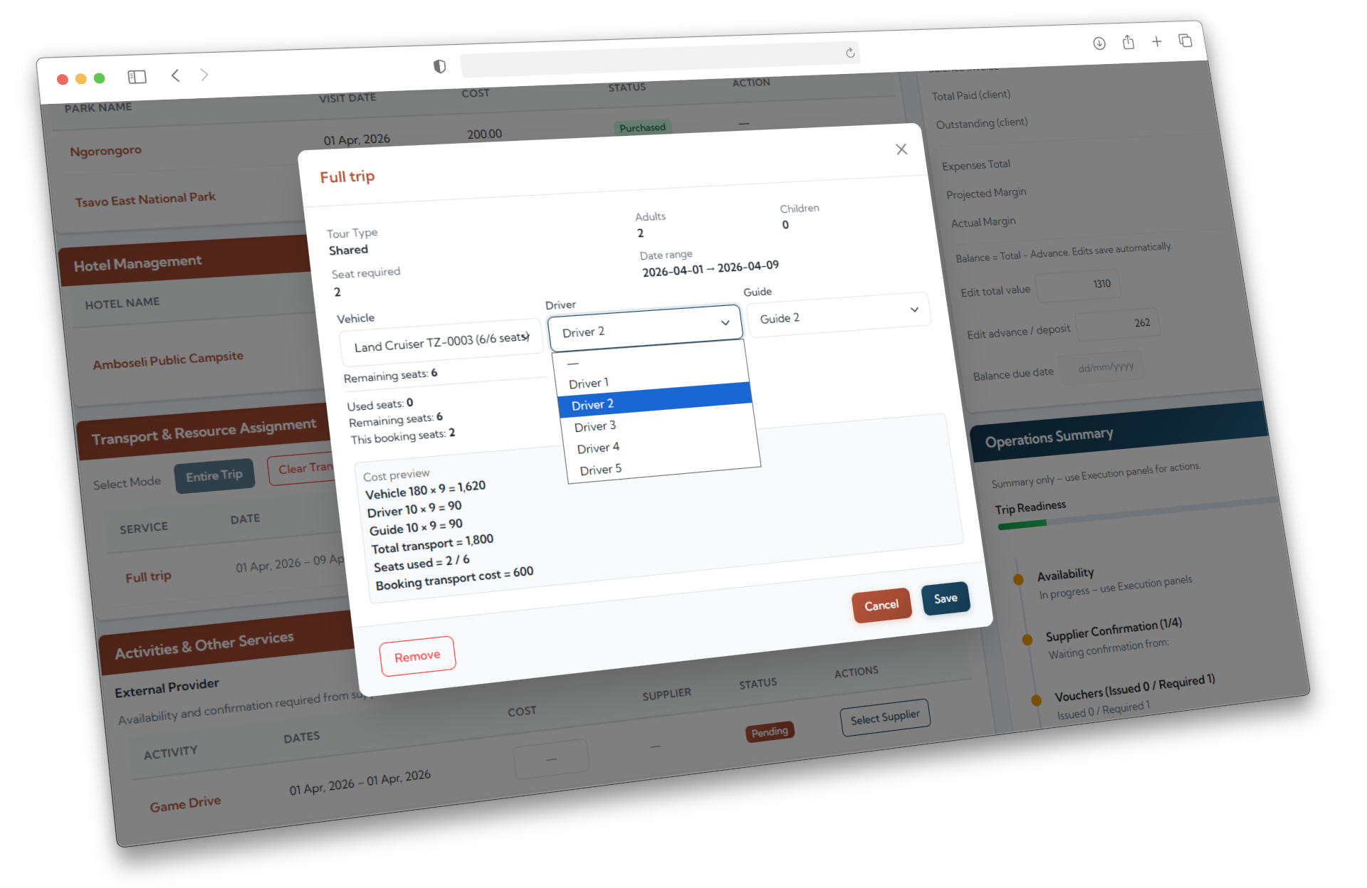 Booking page with vehicle and driver name displayed clearly