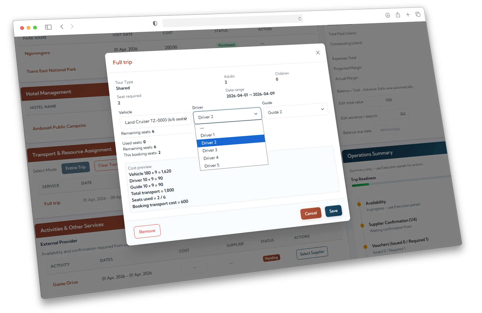 Booking page with vehicle and driver name displayed clearly