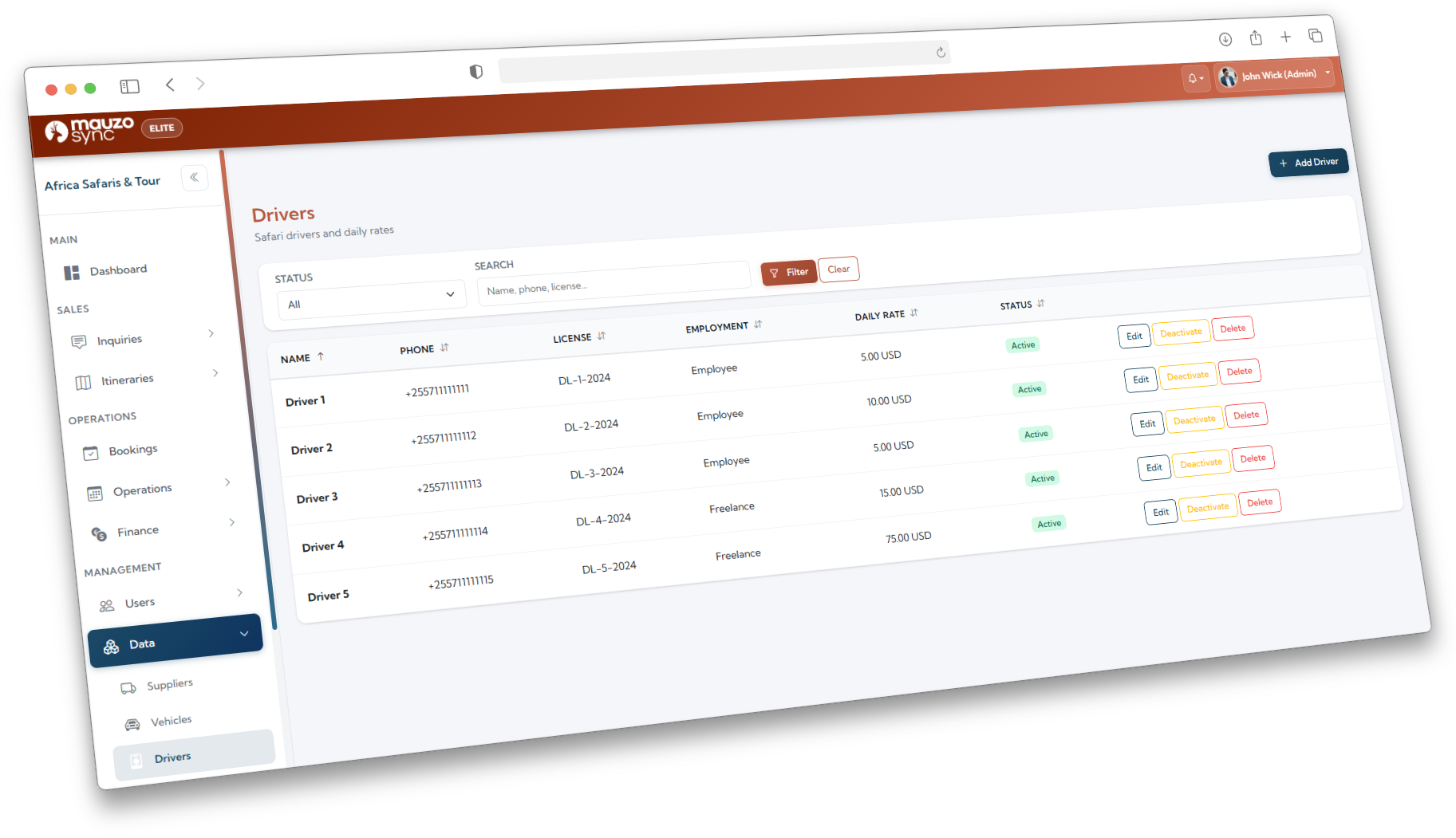 Driver profile view with assignment history list
