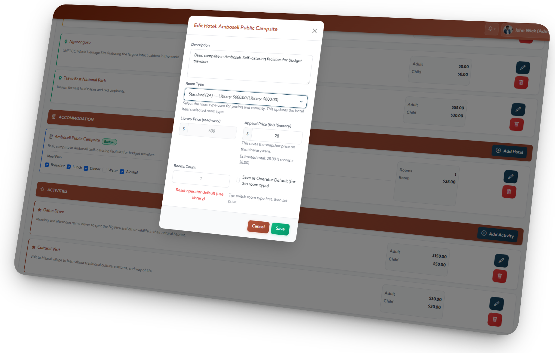 Hotel selection with room type dropdown and pricing