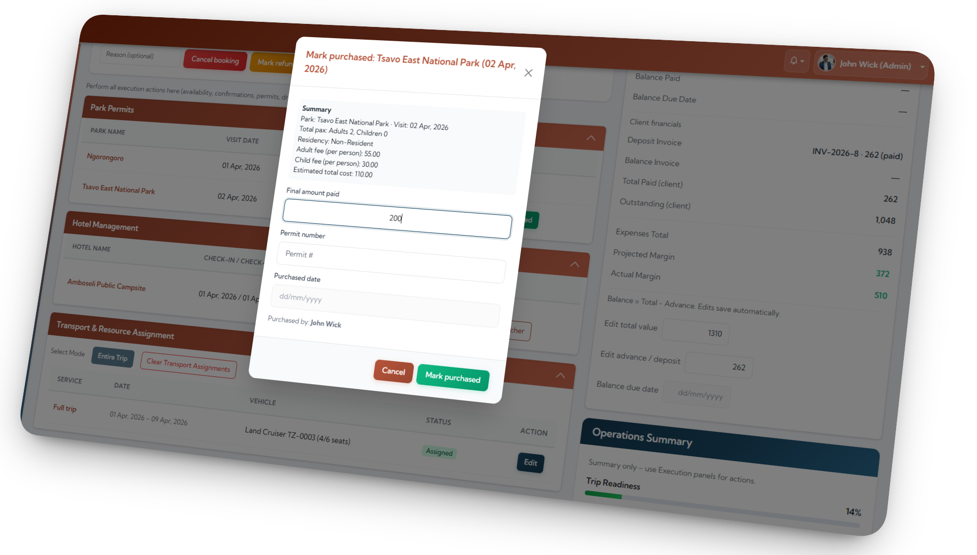 Itinerary day expanded with park service listed