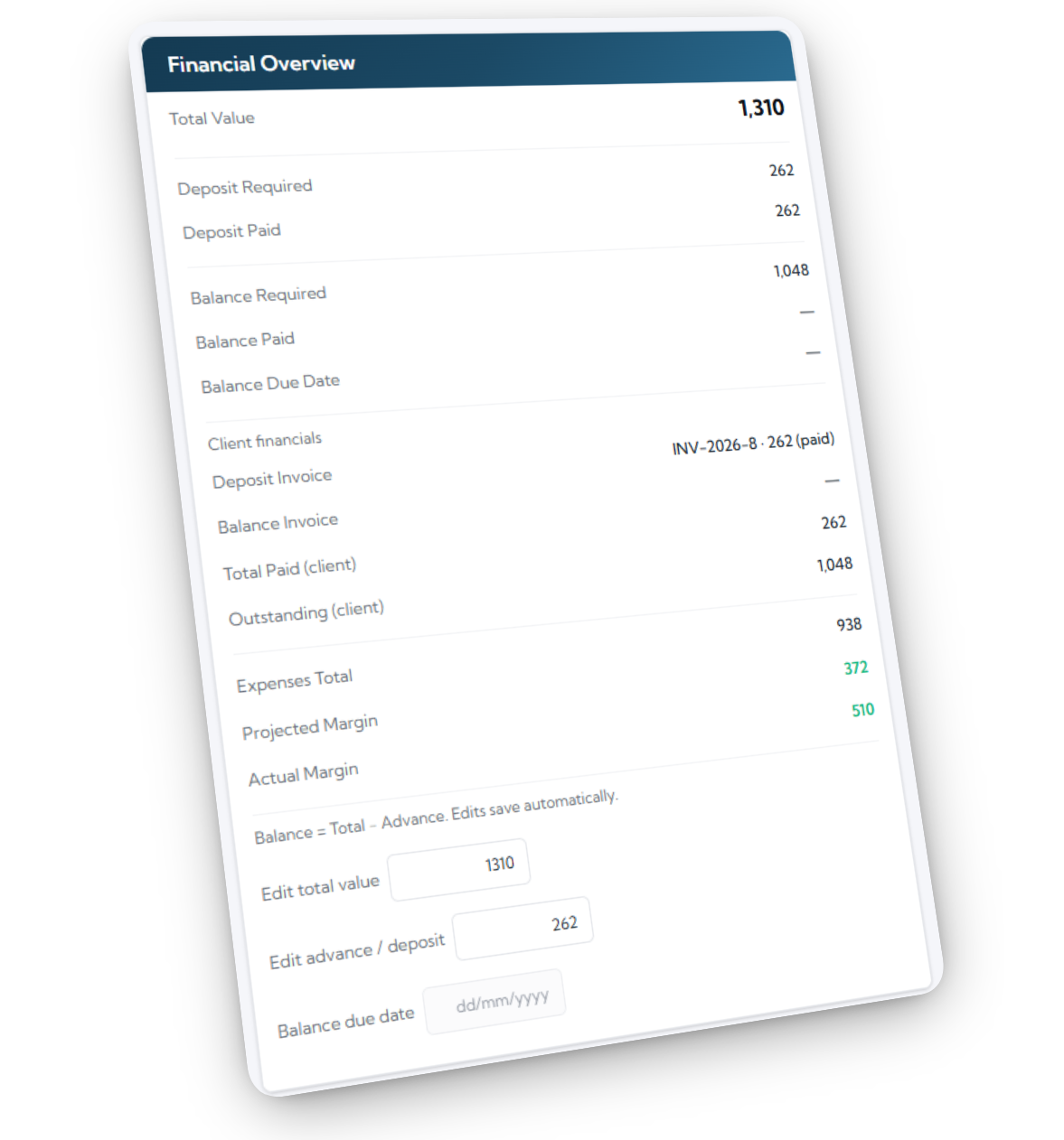 Margin highlighted in booking summary showing profitability