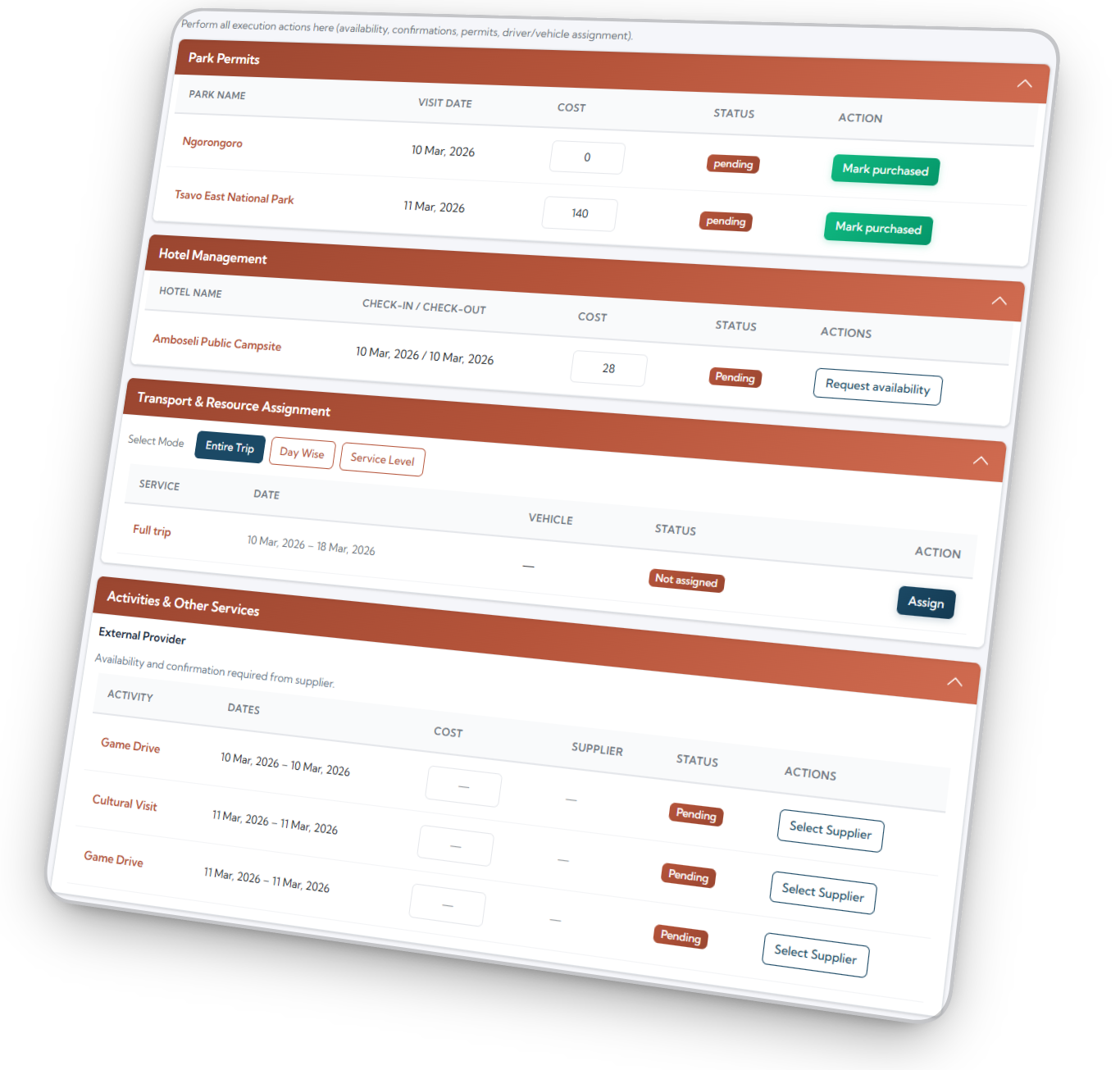 Operational status dropdown within booking showing readiness stages