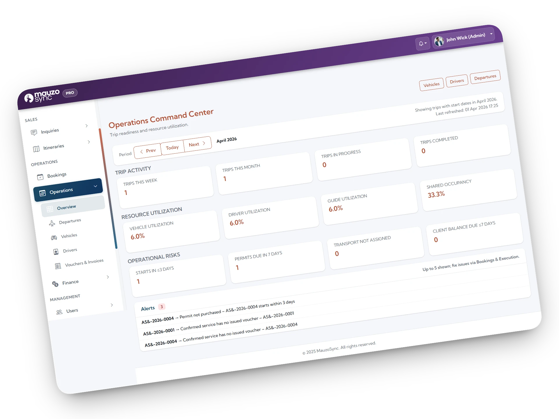 Booking timeline with operational entries visible