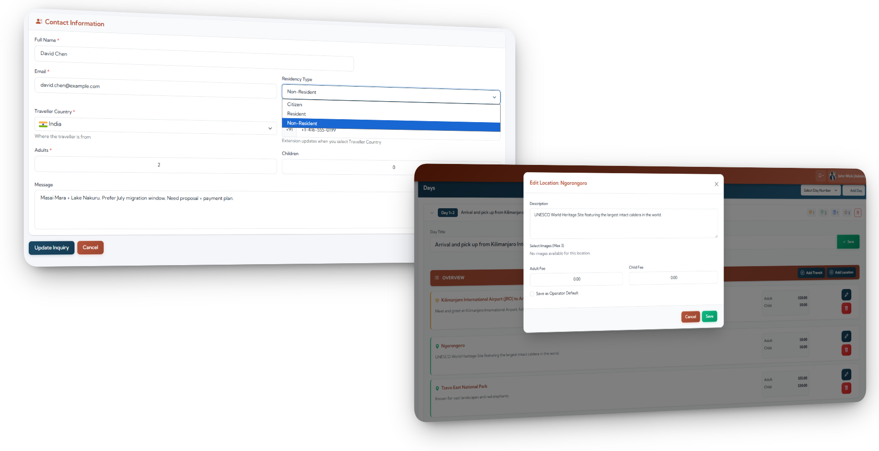 Residency selection dropdown with automatic park fee calculation