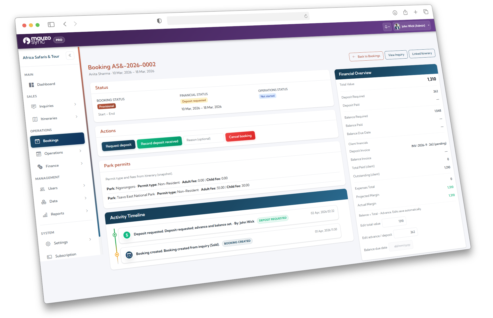 Payment summary section within booking showing deposit and balance status
