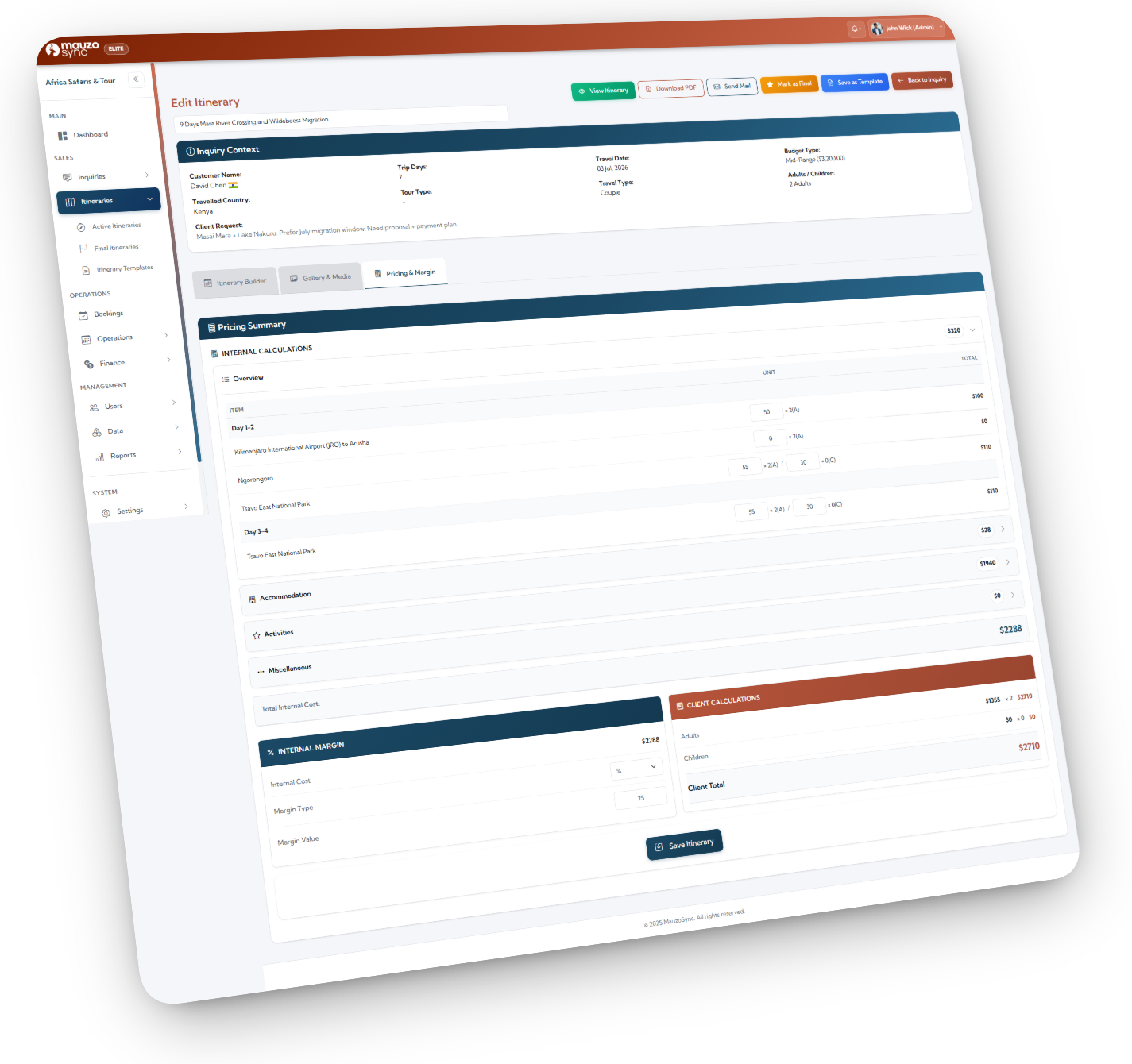Pricing summary panel with visible margin protection