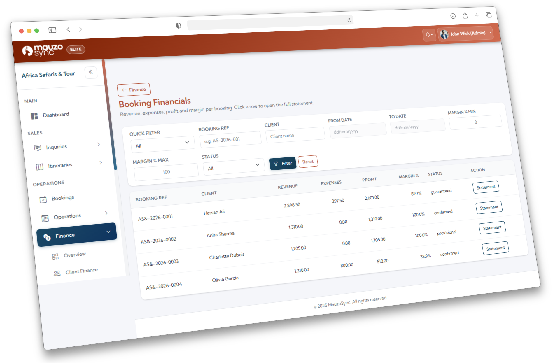 Dashboard view with revenue and profit summary widgets