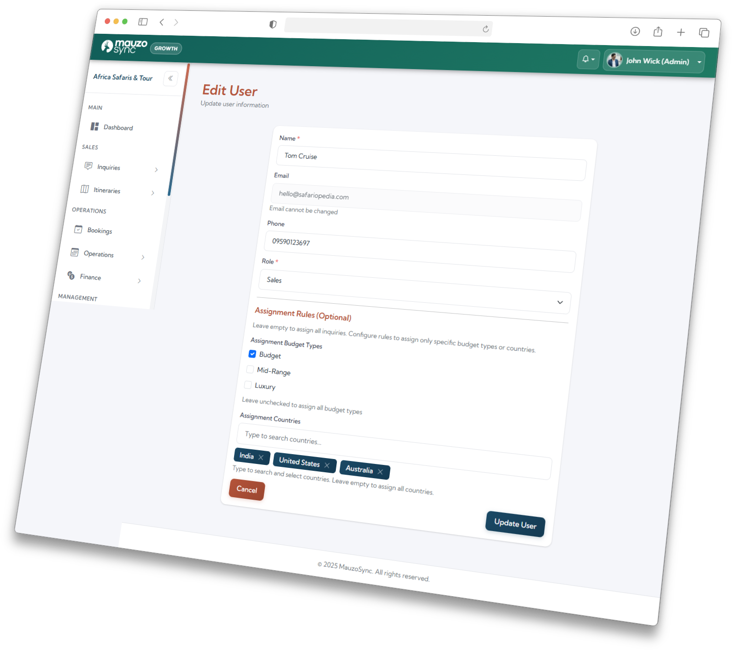 User settings screen with role selection and permission controls