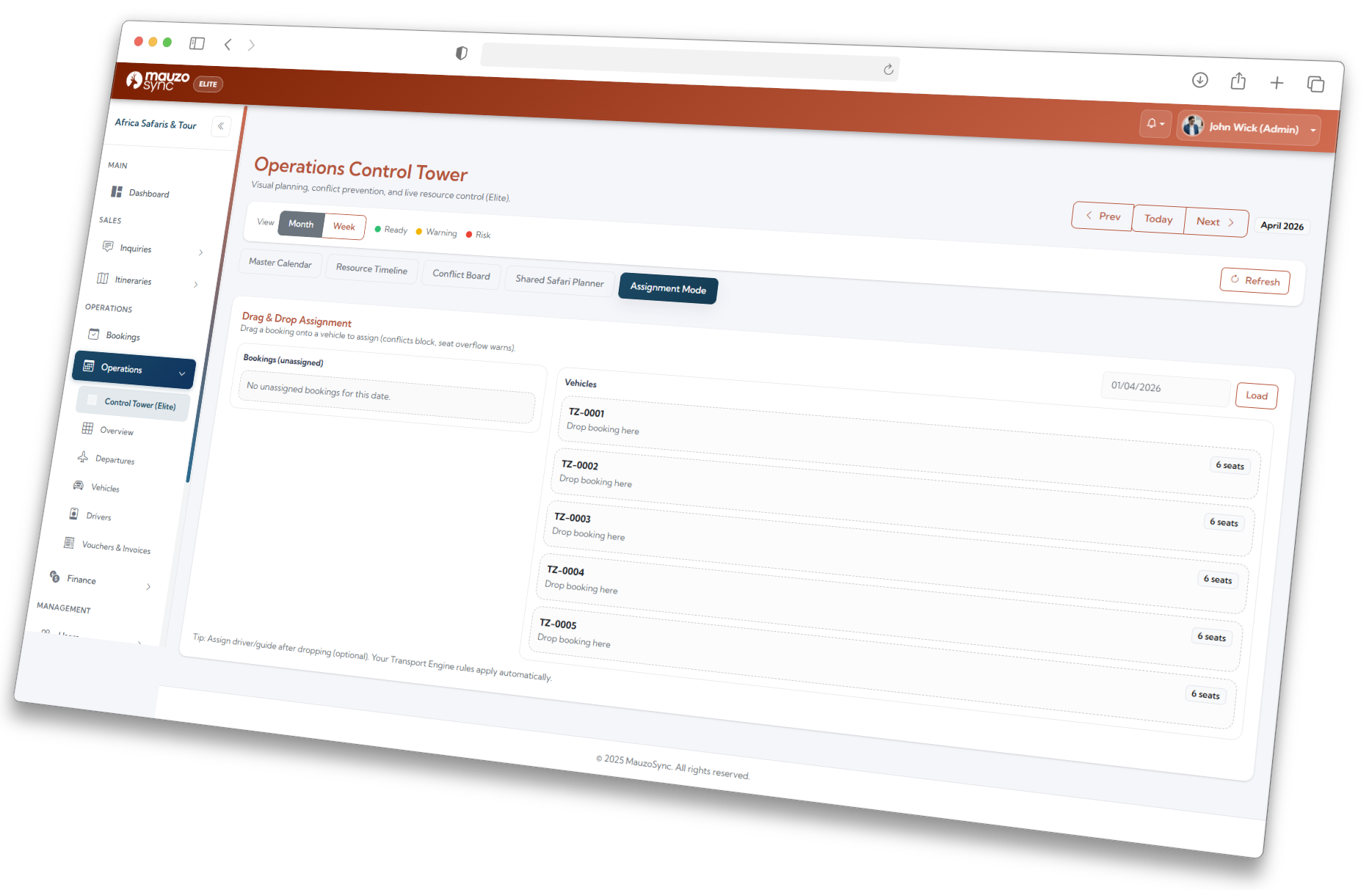 Assignment dropdown within booking with trip dates visible