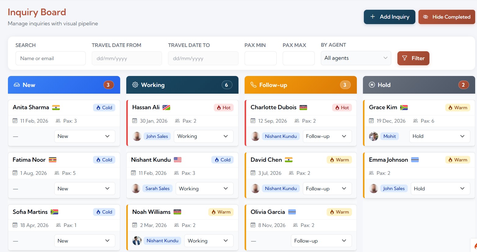 Safari operator inquiry board — all leads in one place